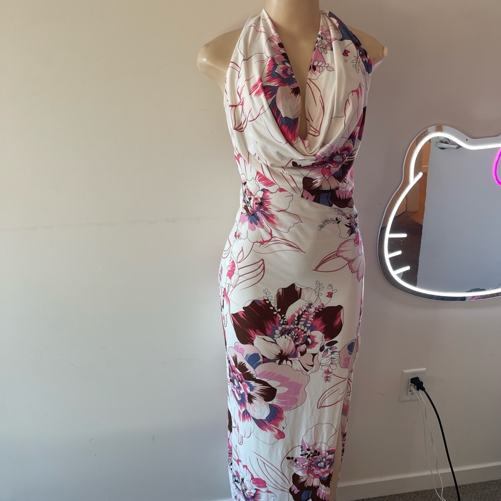 Floral Halter Neck Dress - Pink and White